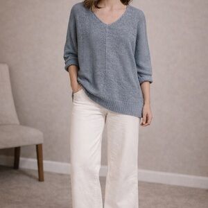 Blue Knit Sweater and White Pants